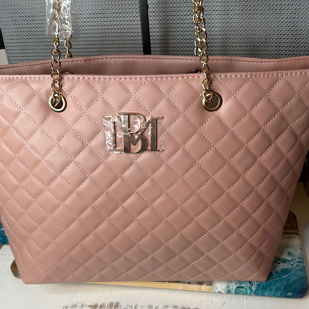 Badgley Mischka Pink Quilted Tote with Gold Chain Handles